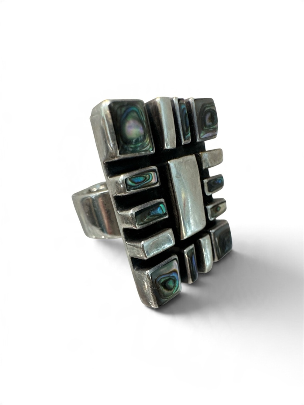 Vtg Taxco 925 Sterling Silver Abalone Shell Modernist Geometric Ring adjustable